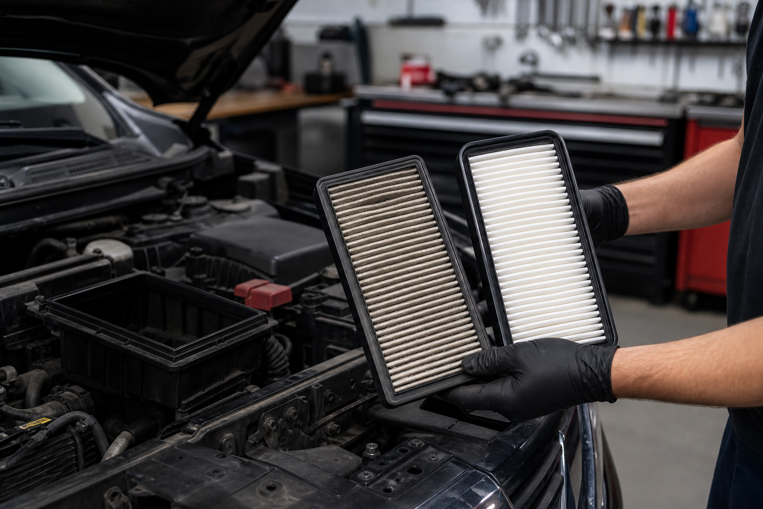Mechanic comparing a used engine air filter with a clean replacement