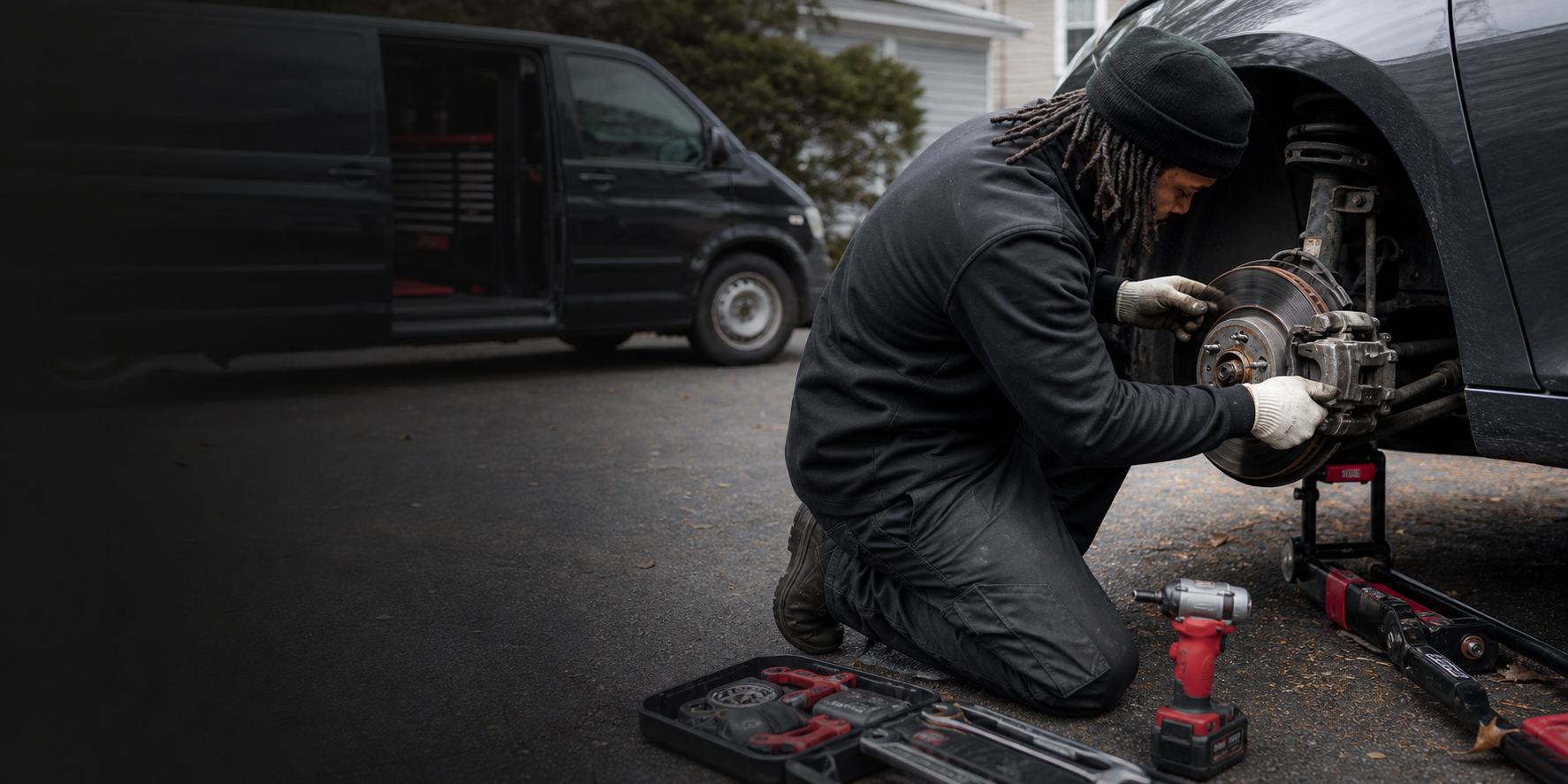Mobile mechanic working on a vehicle outdoors