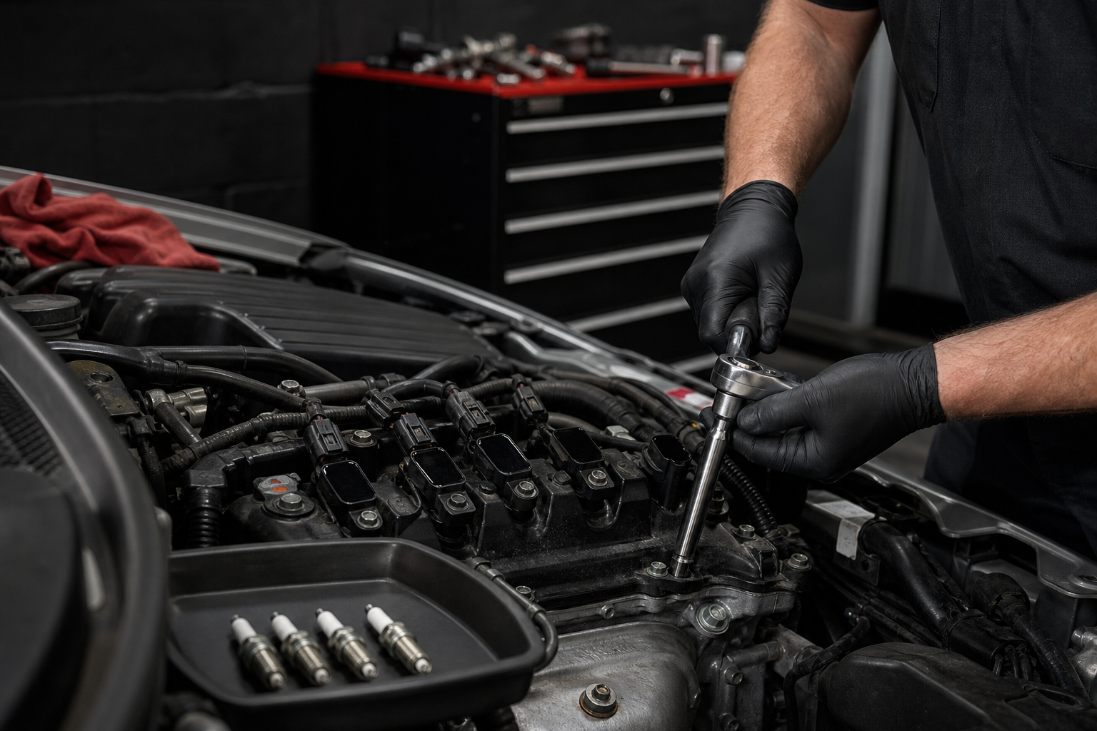 Mechanic installing spark plugs with the correct tools