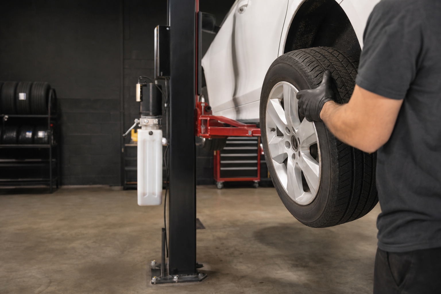 Mechanic removing a wheel during a tire rotation